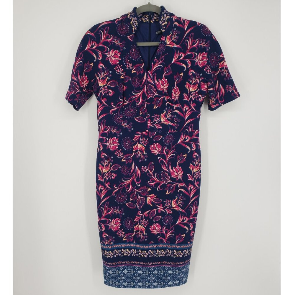 Maggy London Navy / pink Floral Sheath Dress. Beautiful embroidered collar sz 8P
